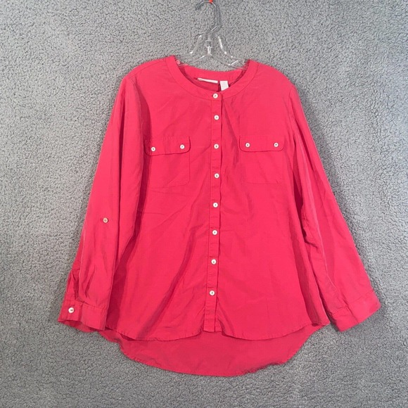 Chico's Button Up Womens 2 Red Solid Long Sleeve Pockets High Low Casual Adult - Picture 1 of 15